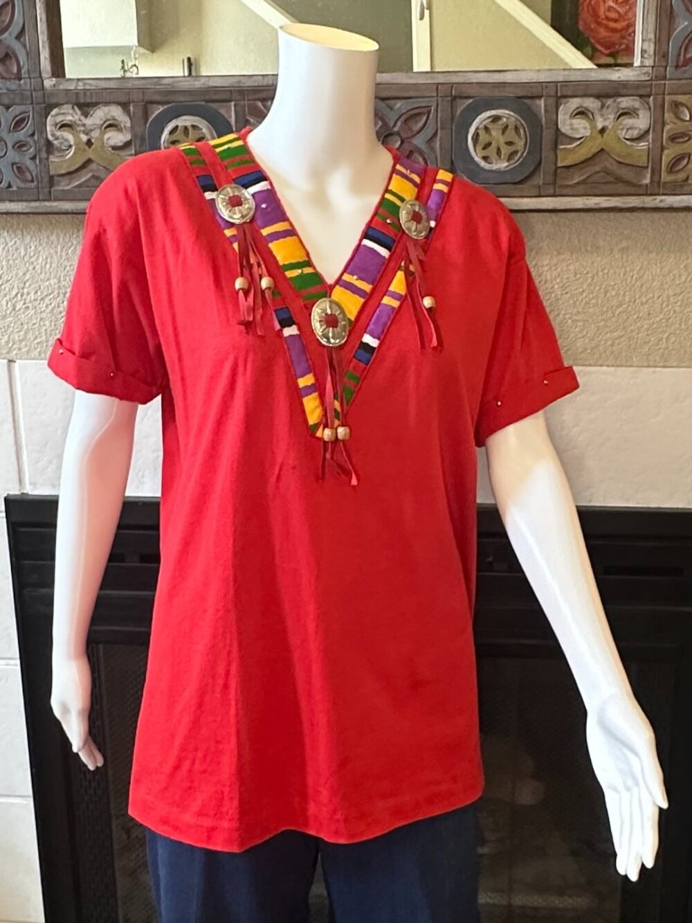 Joanie W. Vtg Western Fringe T-Shirt Red Studded Concho accent Medium cowgirl